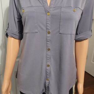 Ellen Tracy Charcoal Blouse with Gold Accents